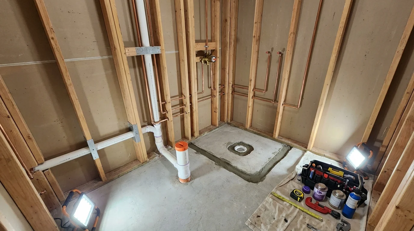 Bathroom rough-in plumbing during remodel by Johns Plumbing LLC in Rancho Santa Margarita