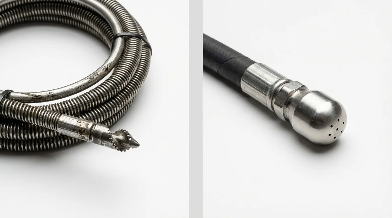 Drain snake cable and hydro jetting nozzle used for drain cleaning in Rancho Santa Margarita, CA