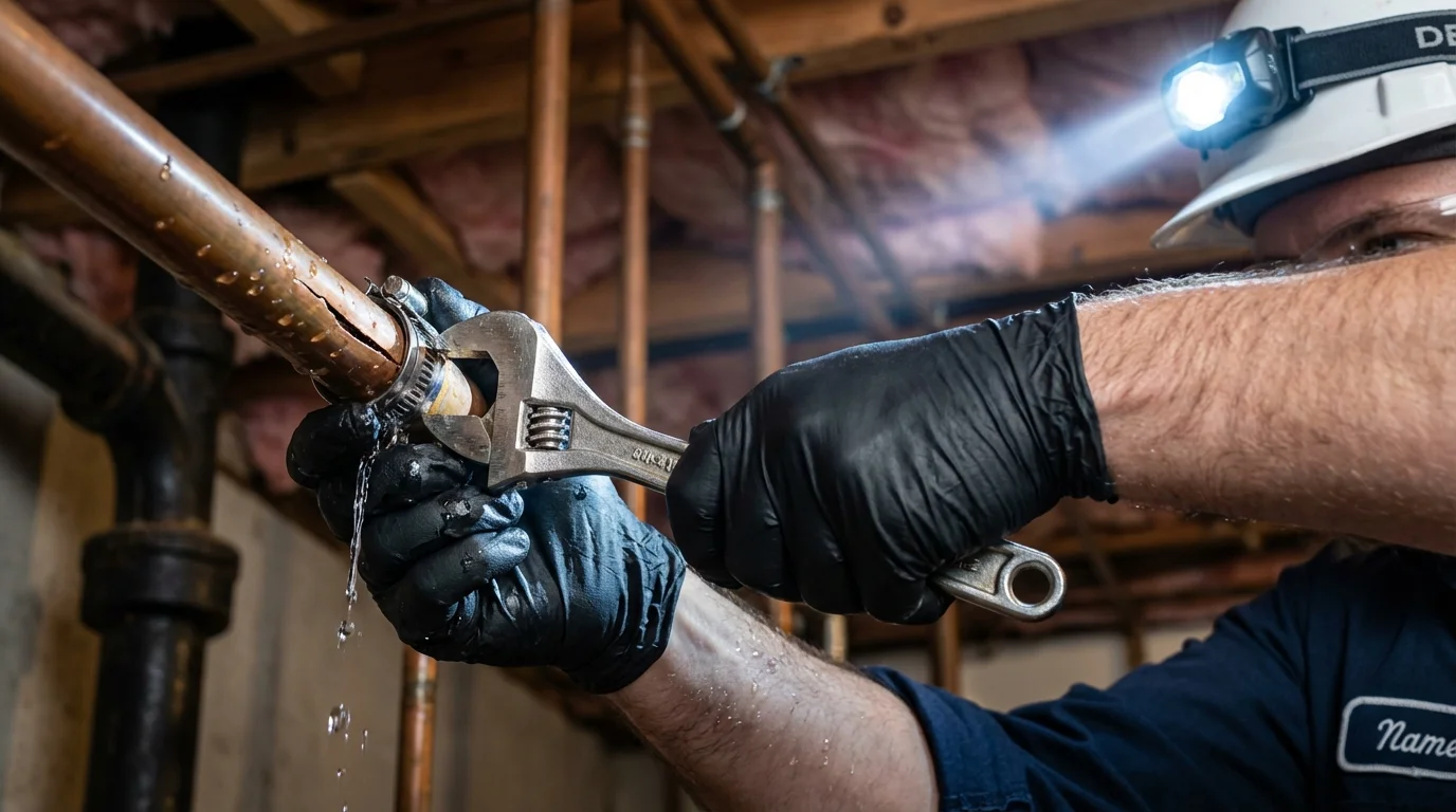 Emergency pipe clamp repair being performed by a Johns Plumbing LLC plumber in Rancho Santa Margarita