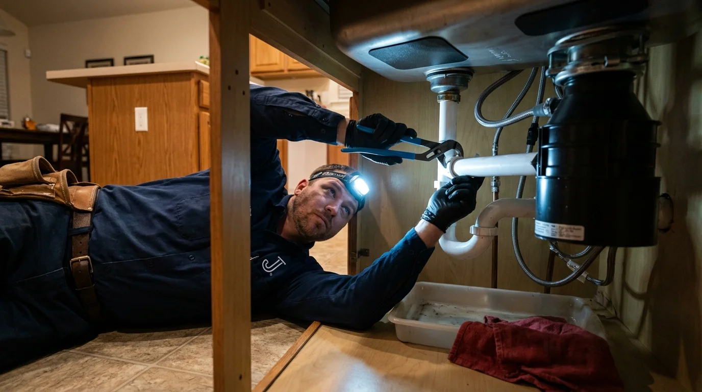 P-trap and supply line connections under a kitchen sink showing a common leak point in Rancho Santa Margarita, CA